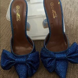 Blue Glitter Bow Mule Heels - Size 8